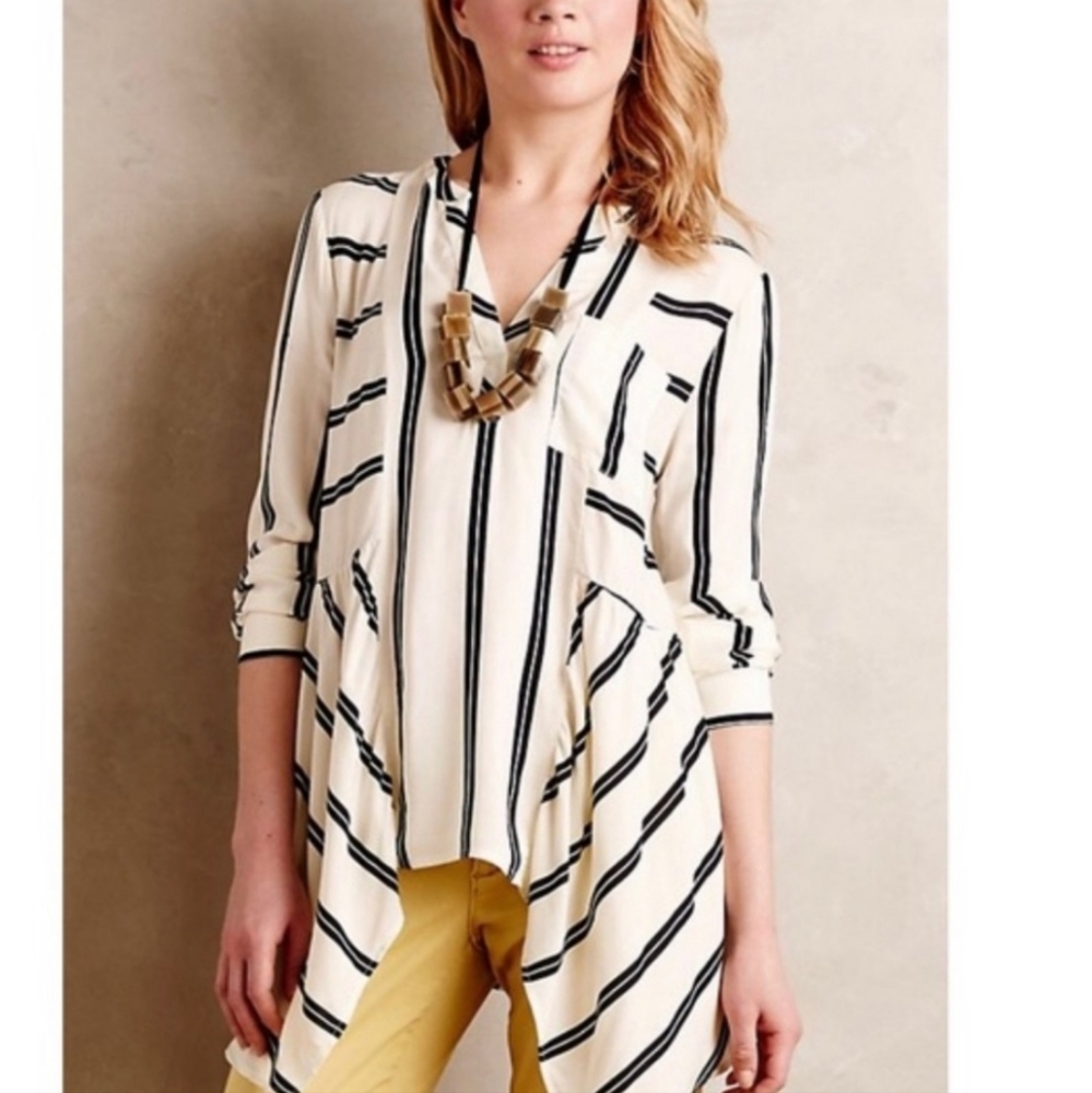 Maeve Anthro Laiken Henley Long Sleeve Stripe Flowy Blouse 0